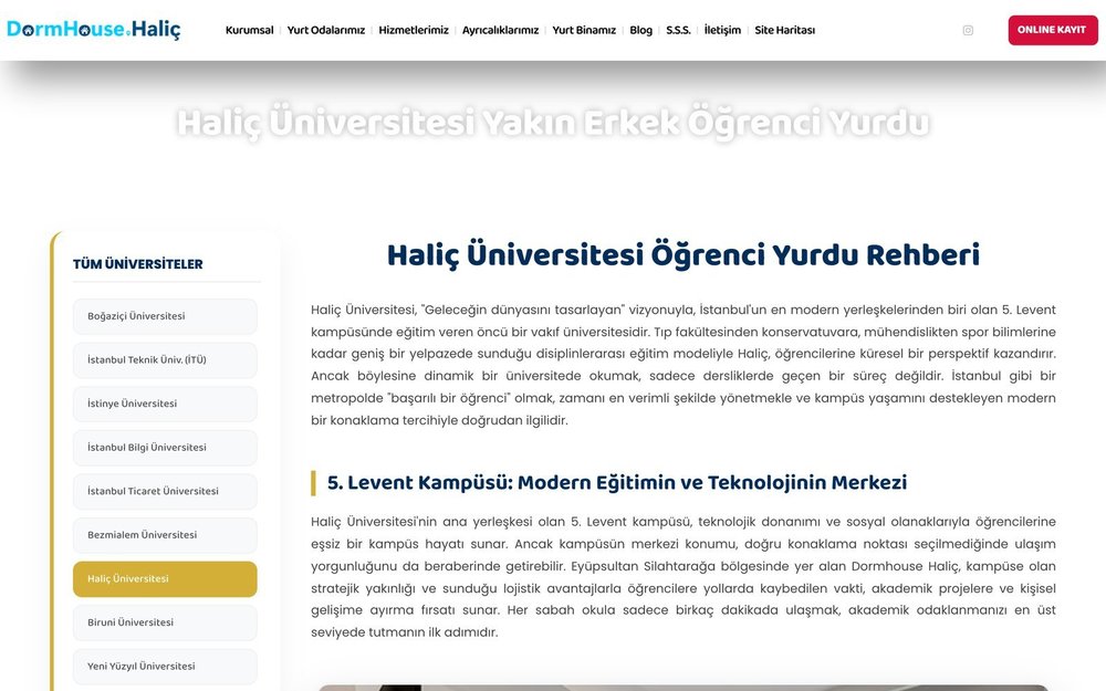 DormHouse’un Haliç Üniversitesi’ne özel yurt sayfası — kampüse yakınlık, ulaşım ve yurt olanakları